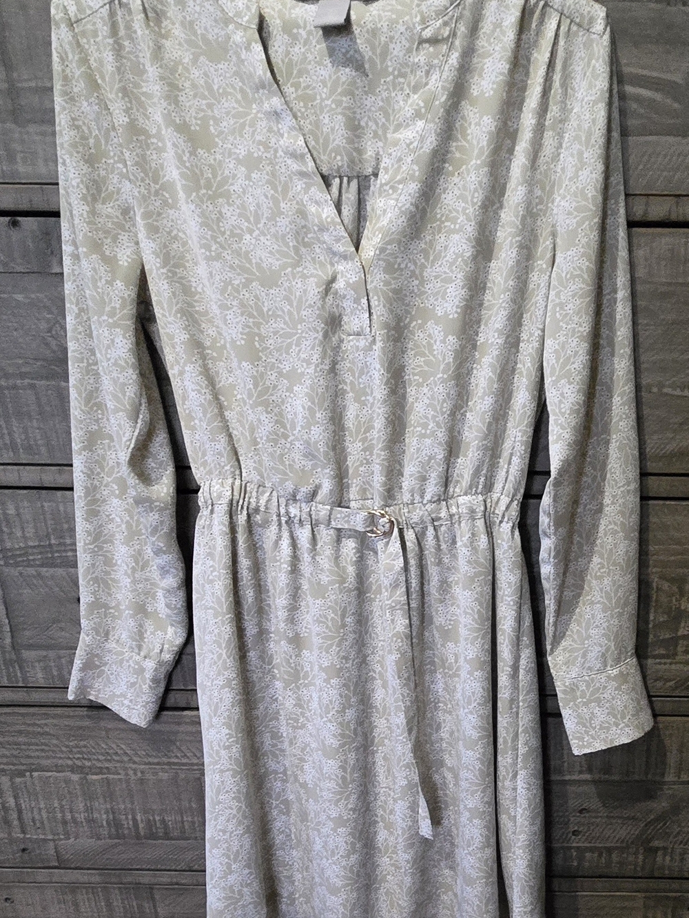 H&M Long Sleeve Floral Print Dress in Light Sage and White